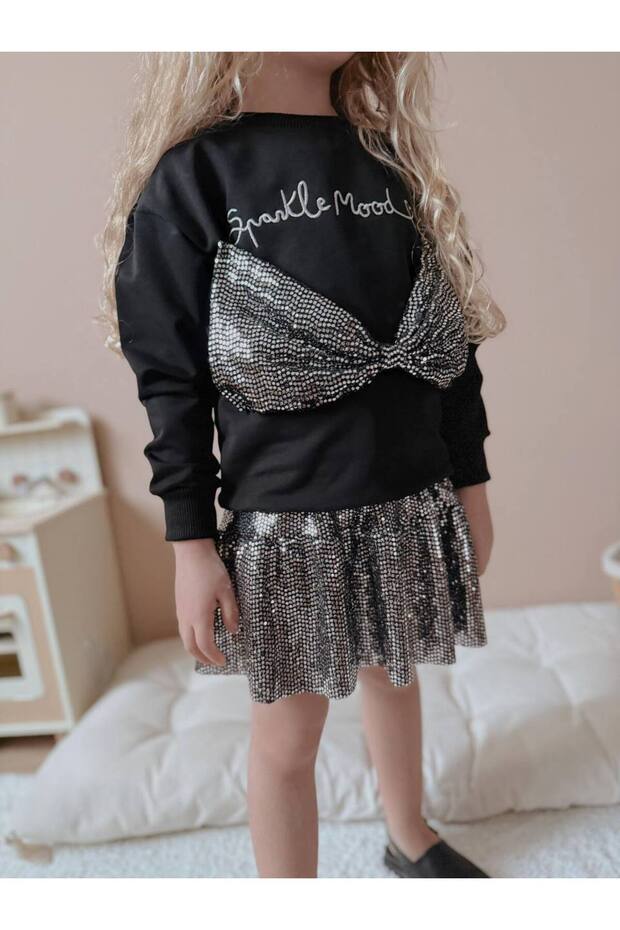 Girl's Sequined Skirt with Bow Tie Detail Stylish Double Skirt Suit for Eid