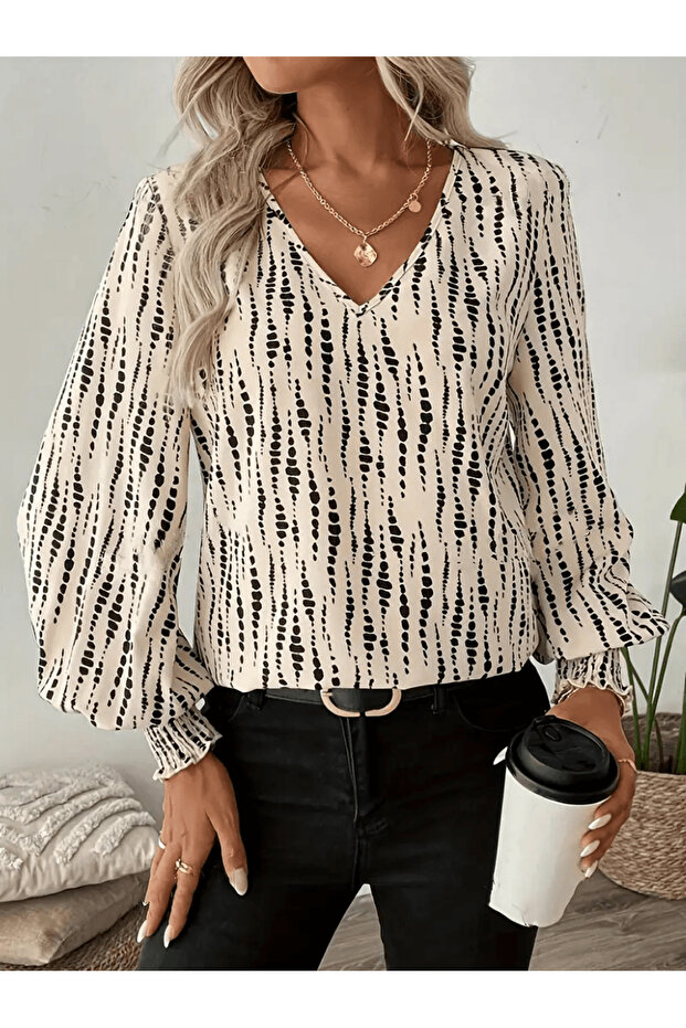 V-Neck Patterned Long Sleeve Women's Blouse | Smocked Sleeve Detail | Chic Single Jersey Fabric