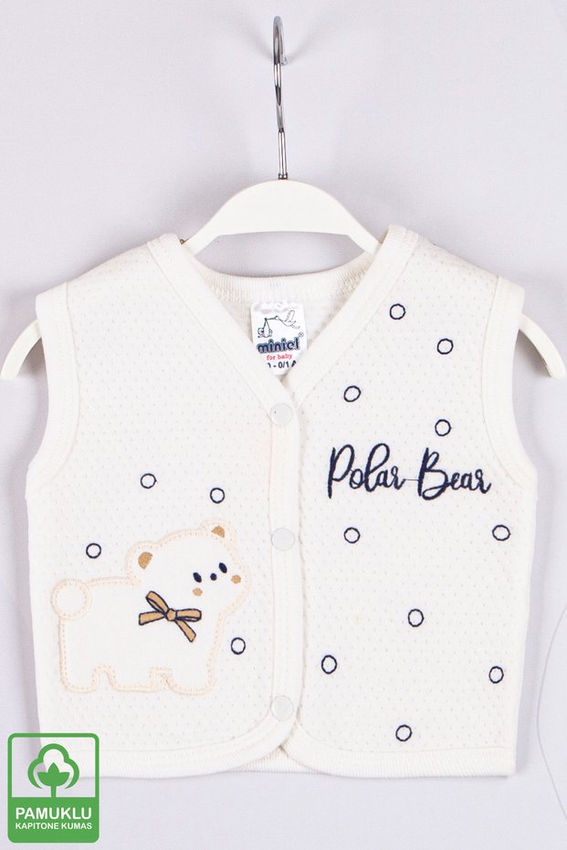 Unisex Baby Polar Bear Embroidered Organic Cotton 1-3-6-9 Months Quilted Baby Vest - Ecru
