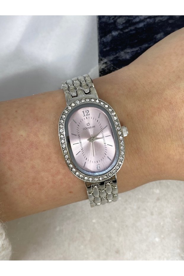 Vintage Pink Silver Women's Wristwatch with Design Stone Detail