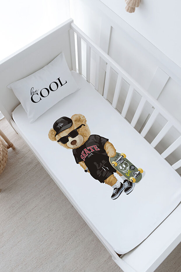 Baby Size Fitted Sheet Set - Pure Baby Series - Skateboarded Teddy Bear