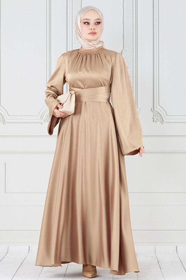 Cross Belted Satin Evening Dress-Beige