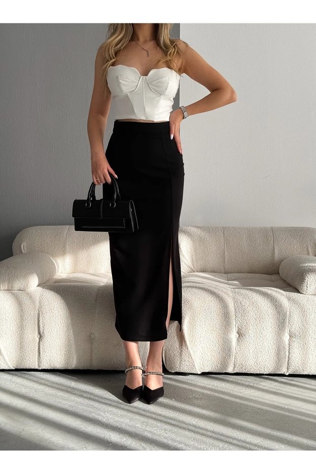 Women's Black Scuba Crepe Slit Detailed Maxi High Waist Stretch Knitted Skirt