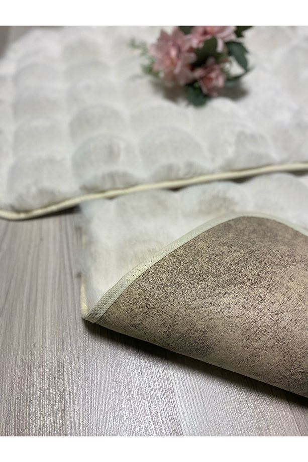 Bubble Tavşan Tüyü, Kaymaz Taban, Pofuduk, Ultra Lüks, Yıkanabilir 2'li Banyo Paspası Ekru - 5