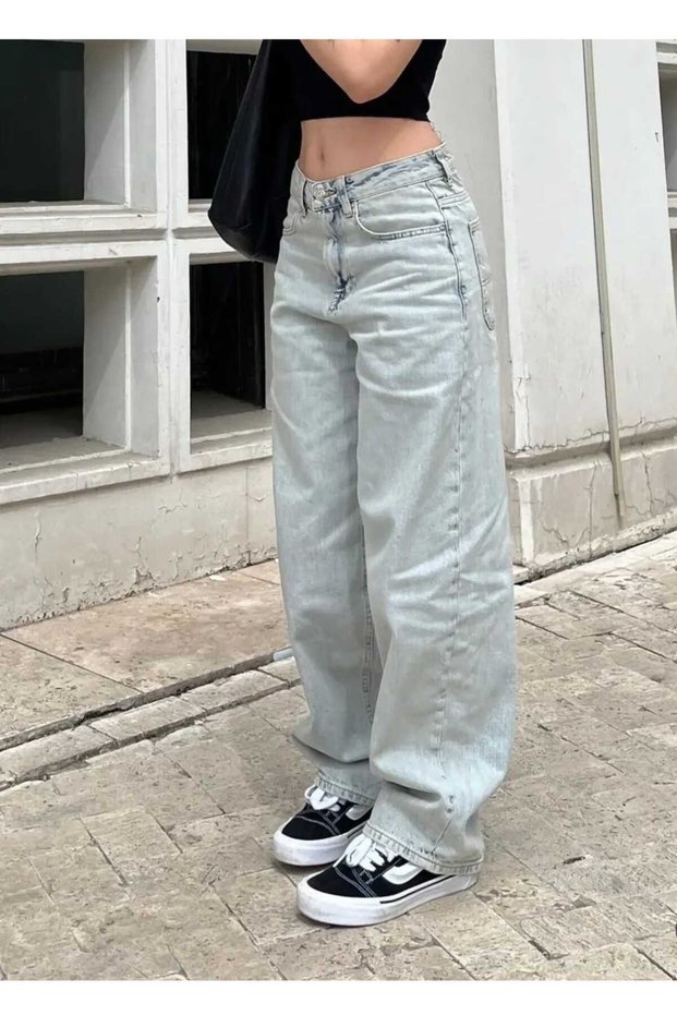 Baggy Jeans with Buckle Detail, Ice Blue, Snow-Proof, Chemical Resistant, Super High Waist, Without Lycra