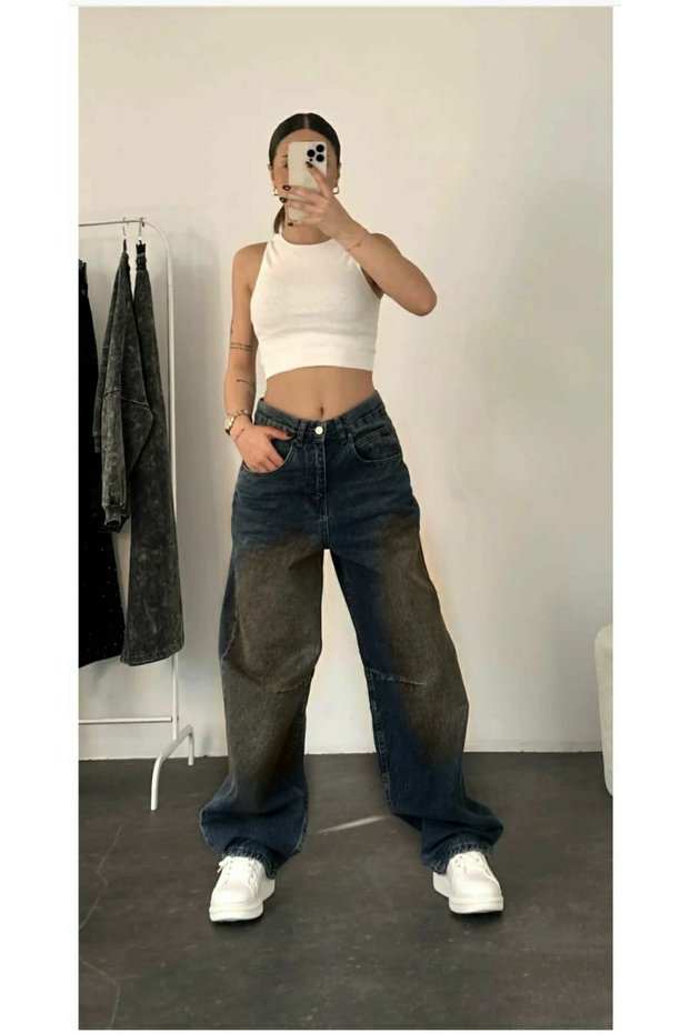 Baggy Jeans Buckle Detailed Navy Coffee Tint Chemical Super High Waist Lycra Free