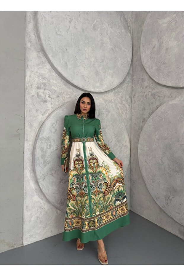 Atlas Fabric Dress (Belt Included)-Green