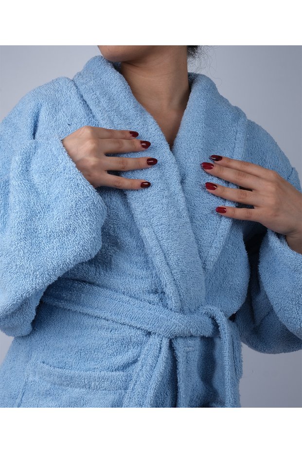 Blue Colored 100% Cotton Curly Shawl Model Bathrobe (S-M-L-Xl-2Xl-3Xl-4Xl) Large and Oversize