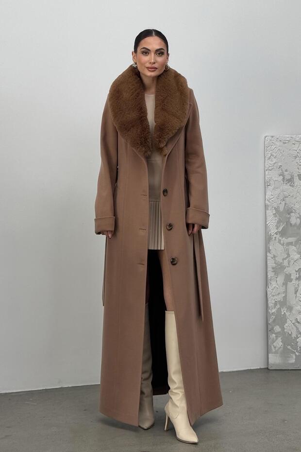 Removable Fur Men's Collar Waist Belted Coat Kamel 3015-Y
