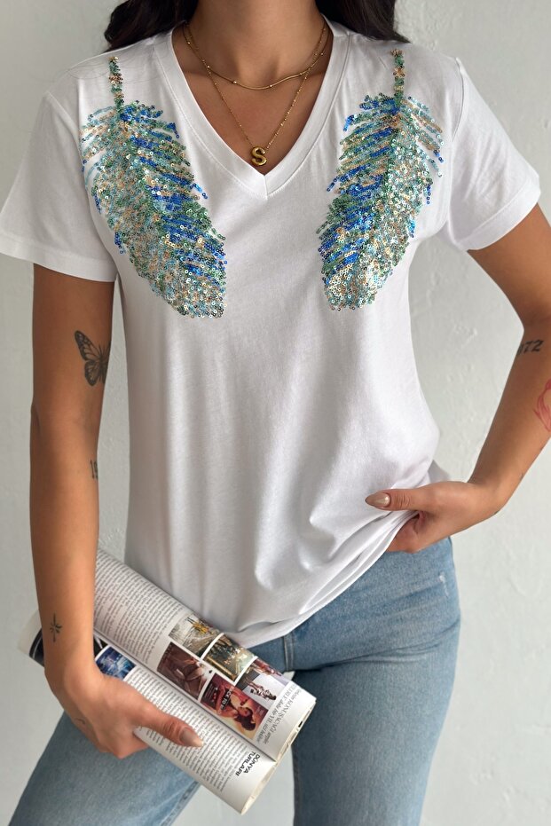 Women's White V-Neck Shoulder Leaf Sequin Sequin Embroidered 100% Cotton T-Shirt