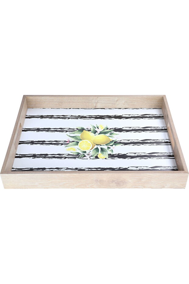 Saif Gallery wooden serving tofir, 42 cm, rectangular, lemon pattern, with handle - white