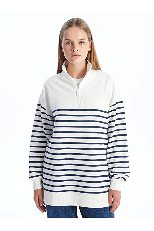 Lcw Modest Navy Blue Stand Collar Striped Women's Sweatshirt Tunic