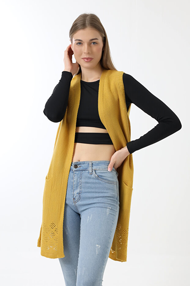 Kadın Sarı Mevsimlik Triko Yelek - 3