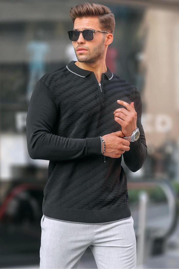 Black Zippered Men's Knitwear Sweater 6824