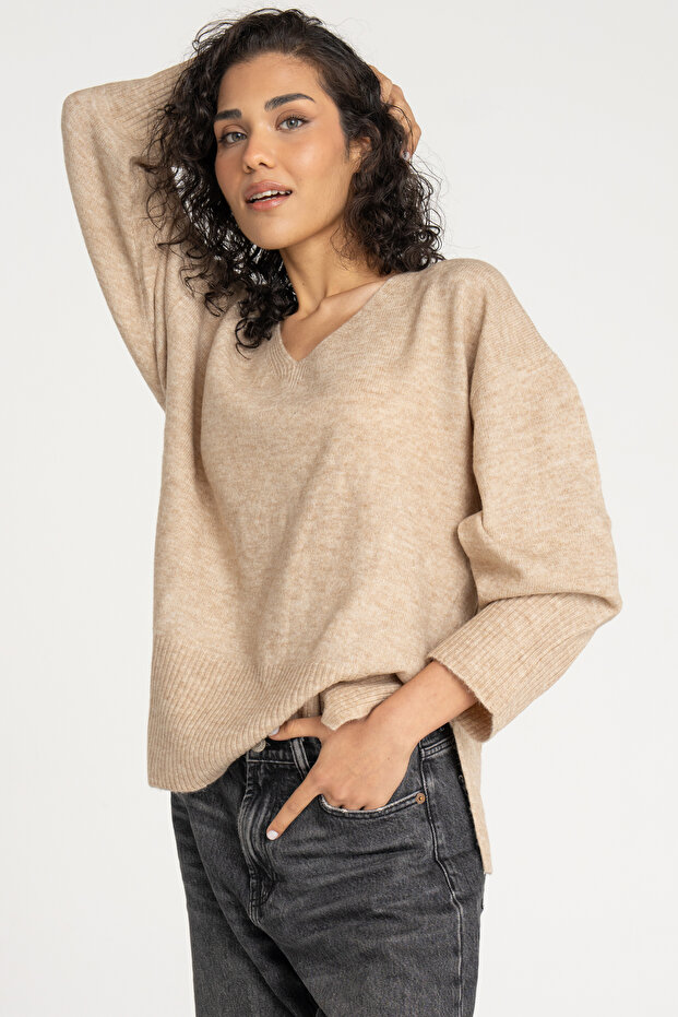 Kadın V Yaka Örme Kazak - Lucca - 4