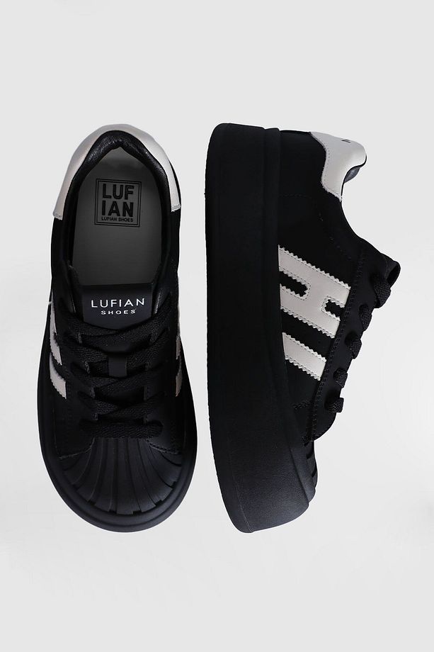 Hakiki Deri Bağcıklı yüksek Taban Kadın Sneaker Ayakkabı Siyah - 5