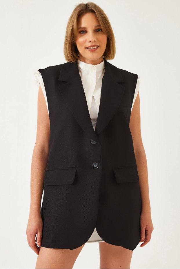 Women's Black Shirt Detailed Long Vest 60356 60271016
