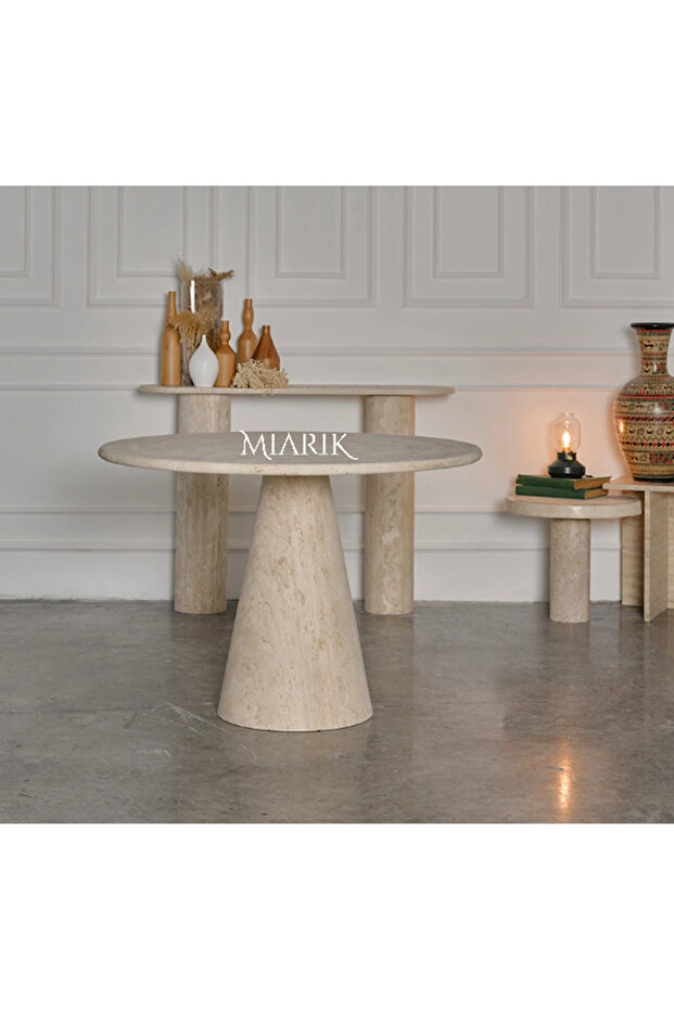 Yuvarlak Jozeph Tek Huni Ayak Traverten Mermer Yemek Masası - 4