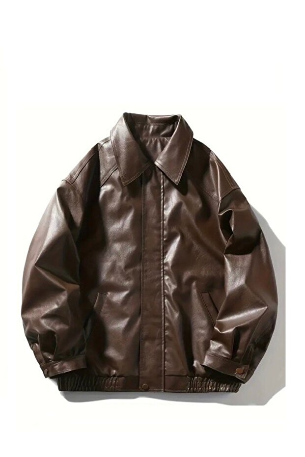 Unisex Oversize Bomber Deri Ceket - 2
