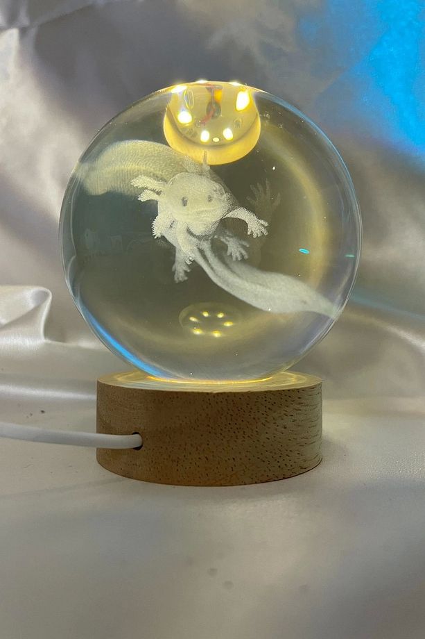3D Led Işık Cam Küre Tek Renk Gece Lambası Axolotl Mucizevi Yenilenme  8 cm Mega Boy - 5