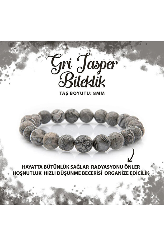 CERTIFIED GRAY JASPER NATURAL STONE BRACELET 8 MM