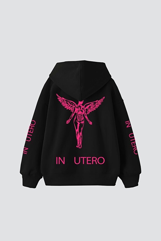 هودي أسود كبير الحجم مطبوع عليه Nirvana In Utero باللون الوردي للجنسين