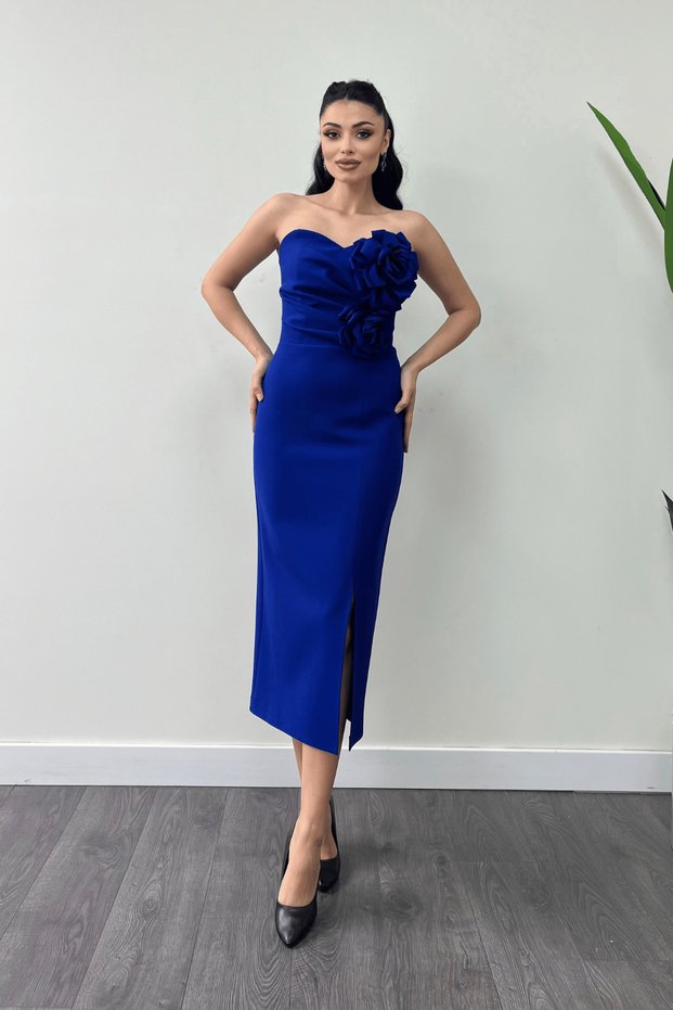 Atlas Fabric Rose Detailed Strapless Pencil Dress - Cobalt Blue