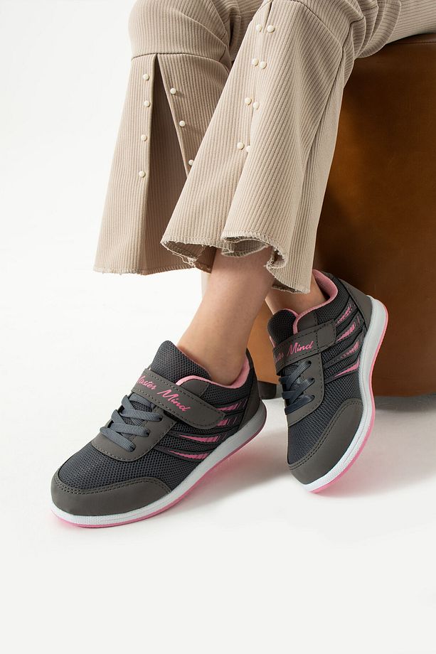 Çocuk Füme Pembe Bağcıklı Tek Cırtlı Esnek Hafif Nefes Alabilen Unisex Fileli Sneaker Spor Ayakkabı - 1