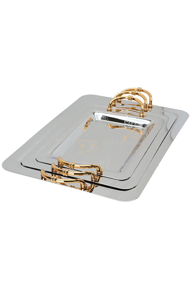 Serving Tray Set Steel, Al Seif Gallery, Rectangular, Butterfly Engraving, Golden Handle, 3 Pieces