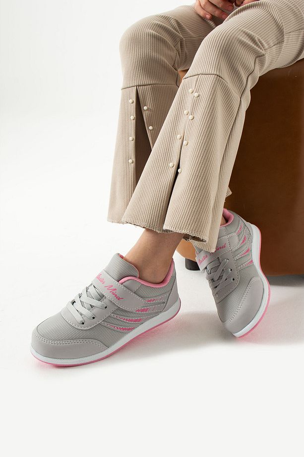 Çocuk Buz Pembe Bağcıklı Tek Cırtlı Esnek Hafif Nefes Alabilen Unisex Fileli Sneaker Spor Ayakkabı - 2