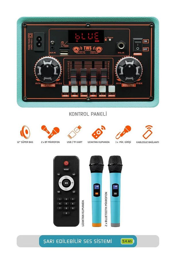 Şarjlı Çift Mikrofonlu Ses Sistemi Karaoke Sistemi Taşınabilir Amfi MTX7 Bluetooth Hoparlör - 3