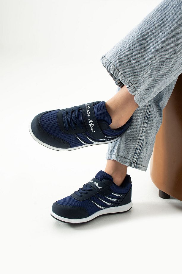 Çocuk Lacivert Bağcıklı Tek Cırtlı Esnek Hafif Nefes Alabilen Unisex Fileli Sneaker Spor Ayakkabı - 2