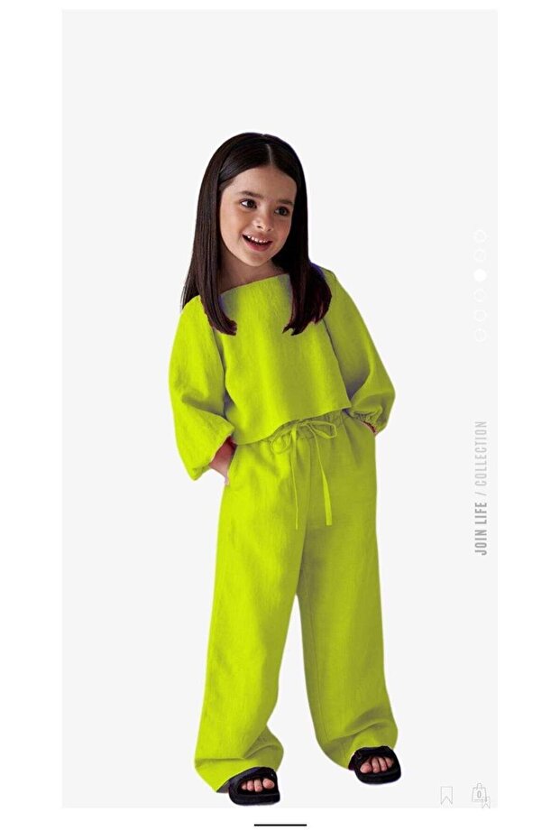 Girl's Linen Back Detailed Top and Bottom Set Green