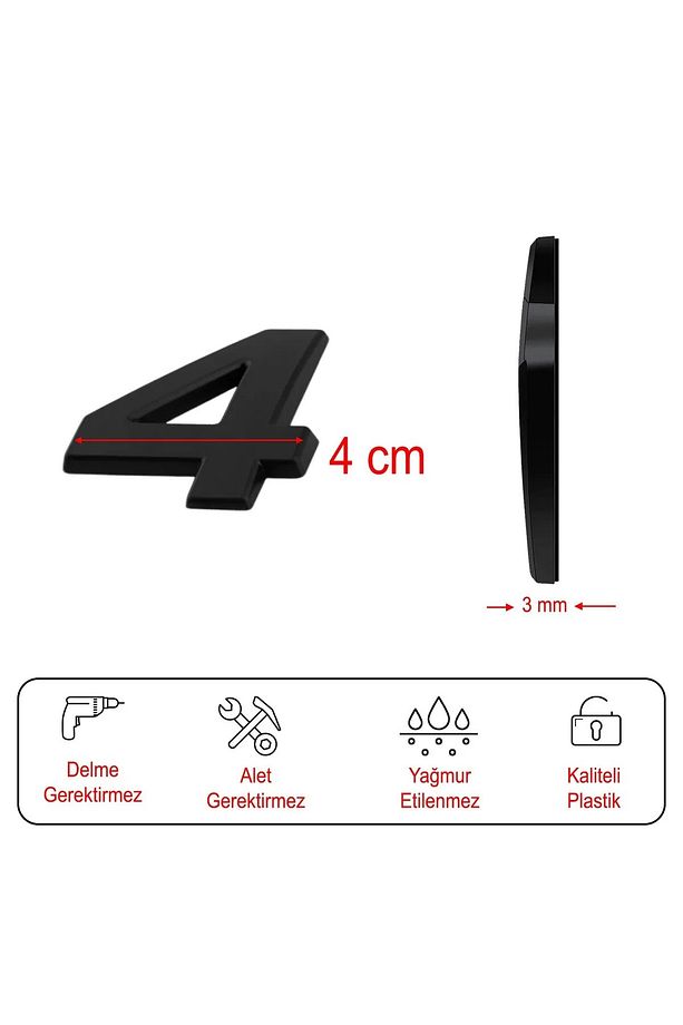Kapı Numarası Yapışkanlı Küçük Boy 50 mm 5 cm Numara 4 Rakam Dört Sayı Siyah Renk Numaralar 1 Adet. - 4