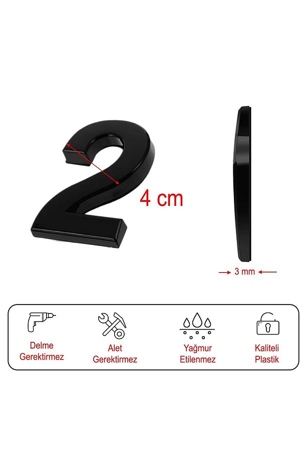 Kapı Numarası Yapışkanlı Küçük Boy 50 mm 5 cm Numara 2 Rakam İki Sayısı Siyah Renk Numaralar 1 Adet. - 5