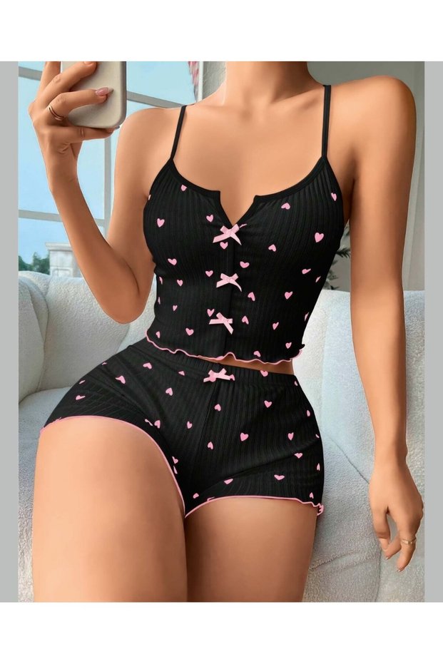 Lily Bianca Black/Pink 100% Cotton Croptop Mini Shorts Sleepwear Set -13011