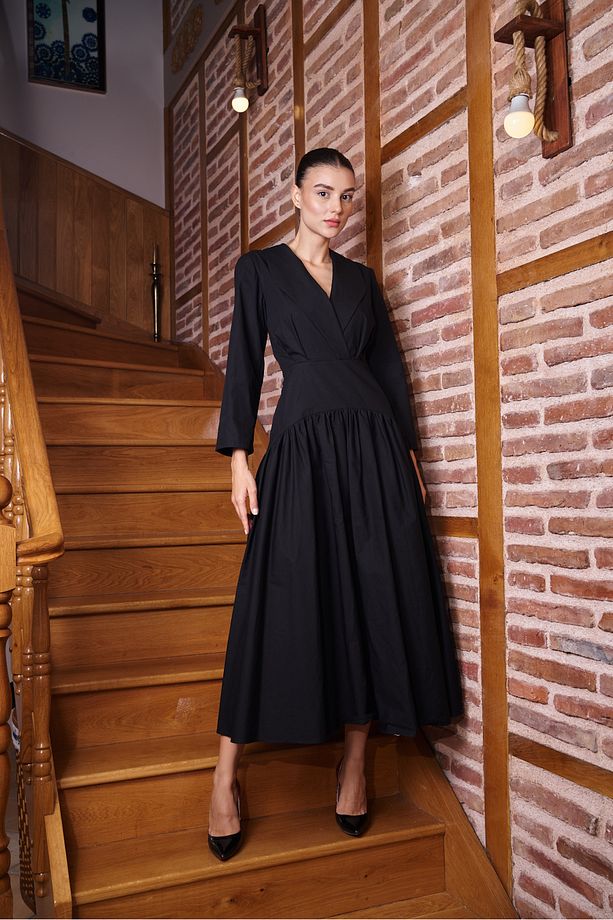 Nancy Elbise V Yaka Midi Kadın Elbise - 4