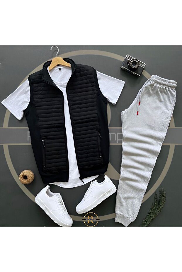 Basic Quilted Vest - Gray Summer Sweatpants - White T-Shirt 3-Piece Top and Bottom Set