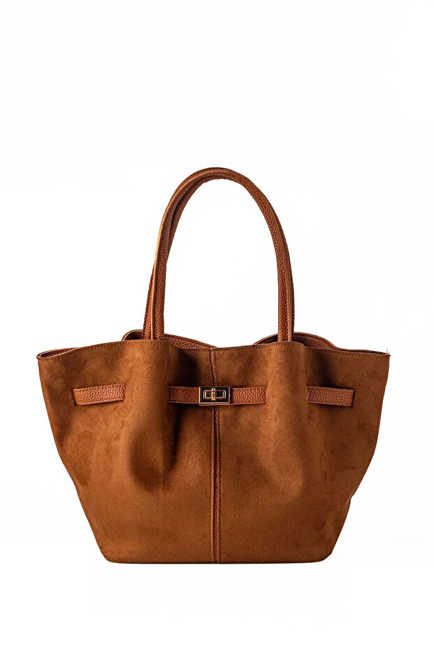 Women's Lock Detailed Nubuck (Suede) Hand and Shoulder Bag