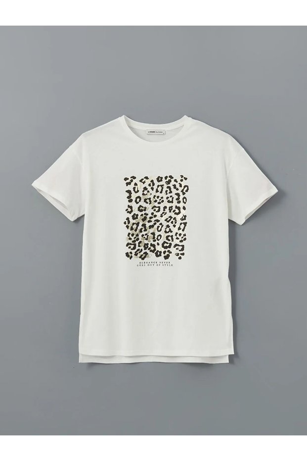 Lcwaikiki Classic Ecru Crew Neck Leopard Print Women's T-Shirt