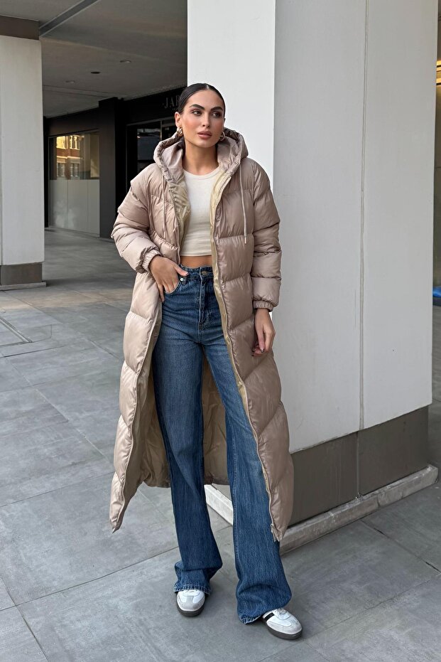 Hood Detail Zip-Up Long Puffer Coat BEIGE 6668