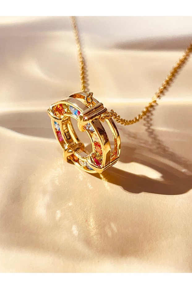 Steel Gold Color Chain Colorful Zircon Stone Women's Necklace 40+5 cm