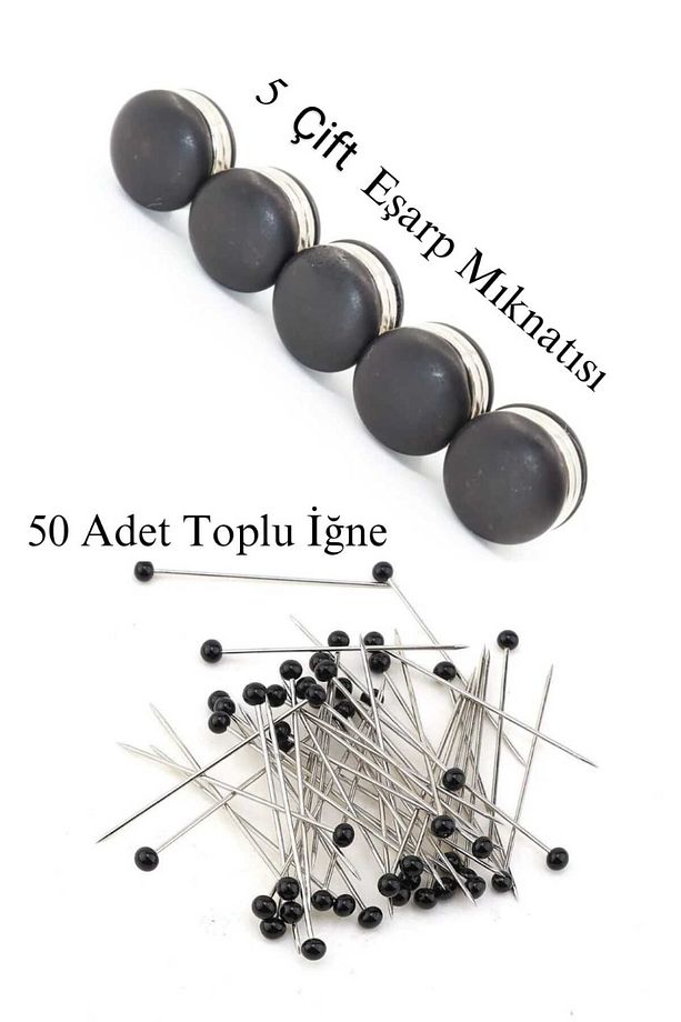 2 li Set 5 Çift (10 Adet) Eşarp Şal Türban Baş Örtüsü Mıknatısı + 50 Adet Toplu İğne - 6