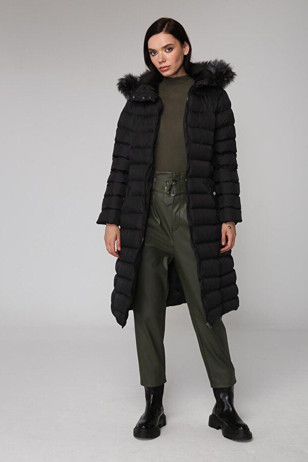 Detachable Hooded Puffer Coat with Plush Detail on the Collar Black 5523 - 6