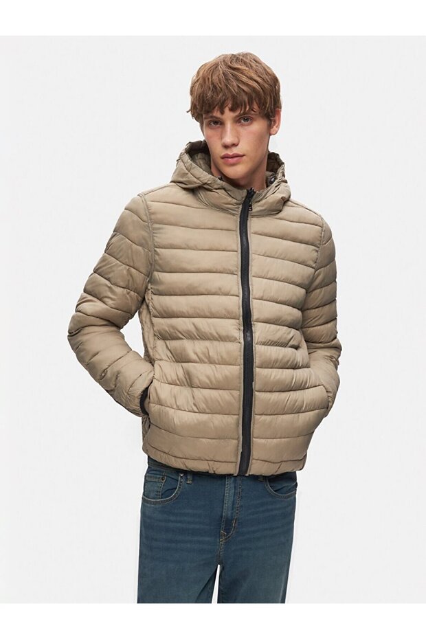 Kapüşonlu Düz Yeşil Mont - 5