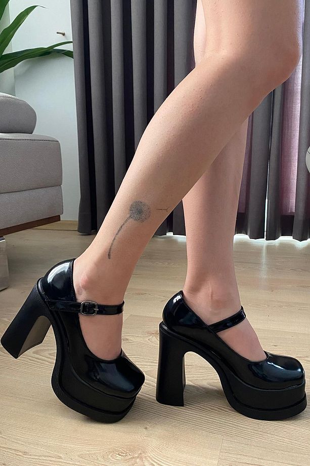 Kadın Napoli Siyah Rugan Tek Baretli  (12 cm ) Platform Topuklu Ayakkabı - 5