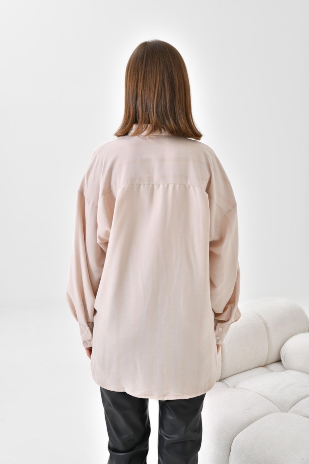 Kadın Oversize Basic Gömlek Bej Rahat Kesim - 2