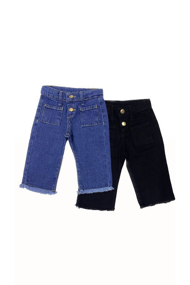 Kız Çocuk Jean Geniş Paça Pantolon 2 Adet Siyah ve Mavi Set - 1