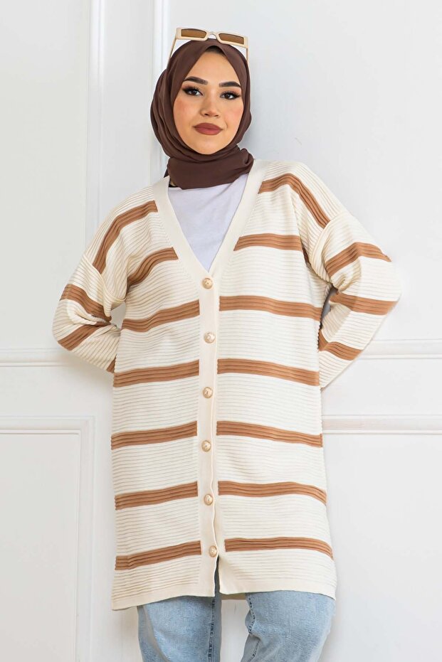 Ribbed Striped Knitwear Cardigan Latte 3090