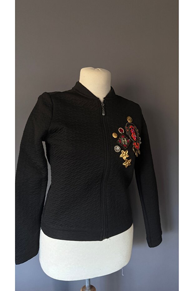 İşlemeli Siyah Bomber Ceket - 7